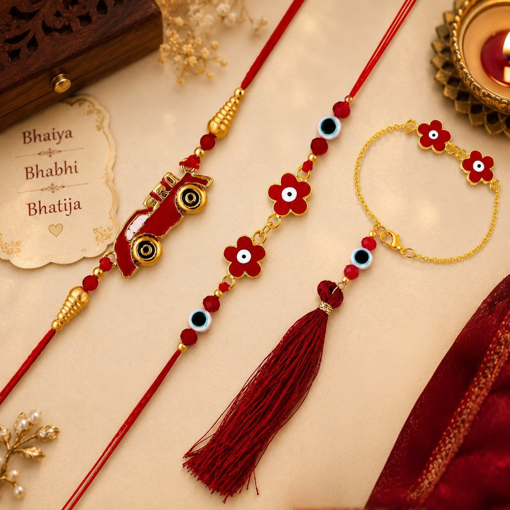 Red Car Floral Evil Eye Bhaiya Bhabhi Bhatija Rakhi Combo