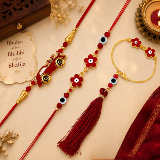 Red Car Floral Evil Eye Bhaiya Bhabhi Bhatija Rakhi Combo
