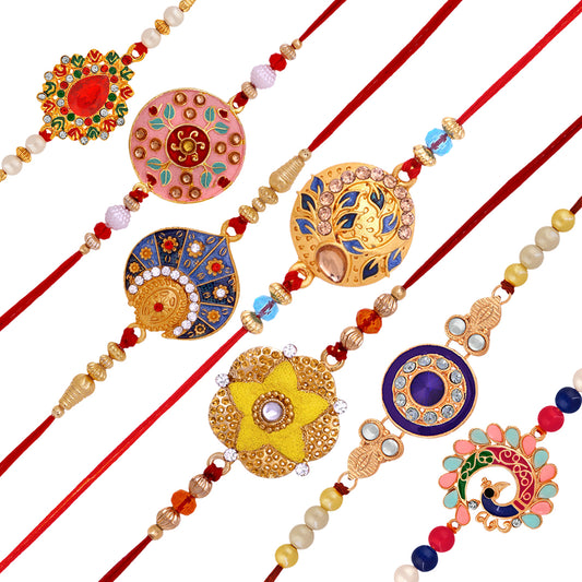 Combo of Peacok and Floral Shaped Colorful Meena Work and Crystals Rakhi's