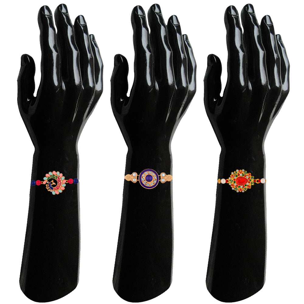 Combo of Peacok and Floral Shaped Colorful Meena Work and Crystals Rakhi's