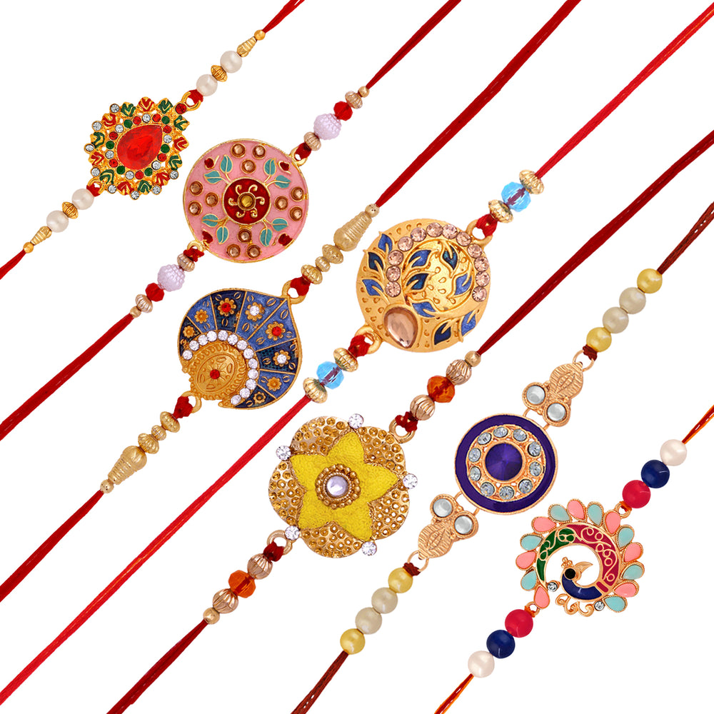 Combo of Peacok and Floral Shaped Colorful Meena Work and Crystals Rakhi's