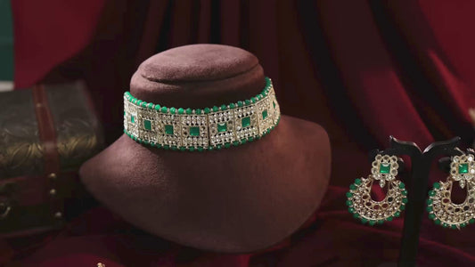 Wedding & Festive Wear Green Kundan Choker Jewellery Set with Earrings & Maang Tikka