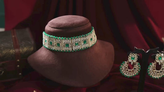 Wedding & Festive Wear Green Kundan Choker Jewellery Set with Earrings & Maang Tikka