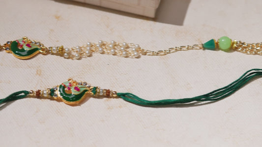 Peacock-Shaped Enamelled Couple Rakhi Set