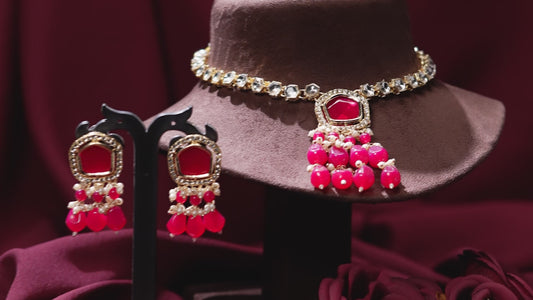 Rani Pink Beads Drop Multistrand Beaded Necklace & Earring Set