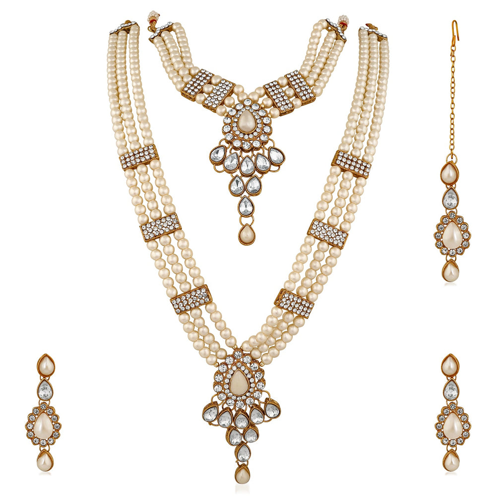 ethnic gold plated grey and white kundan necklace set